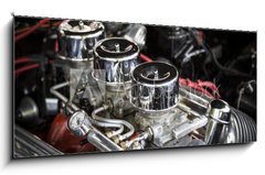 Sklenn obraz 1D panorama - 120 x 50 cm F_AB170543646 - Under the Hood View of Restored Vintage Automobile Engine with Tri-Power Show-Chrome Carburetors