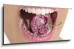 Obraz 1D panorama - 120 x 50 cm F_AB17169172 - Cherry with sugar between woman teeth