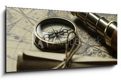 Obraz   Retro compass with old map and spyglass, 120 x 50 cm