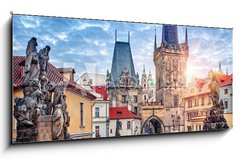 Obraz 1D panorama - 120 x 50 cm F_AB189190275 - Sunrise on Charles bridge in Prague Czech Republic picturesque - Vchod slunce na Karlov most v Praze, esk republika, malebn