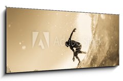 Sklenn obraz 1D panorama - 120 x 50 cm F_AB194947698 - Surfing Surfer Wave Closeup Silhouette Vintage - Surfovn Surfa Vlna Detailn Silueta Vintage