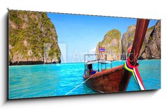 Sklenn obraz 1D panorama - 120 x 50 cm F_AB19642615 - Longtail boat at Maya bay