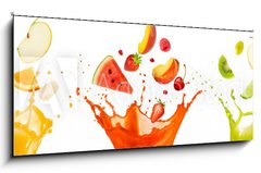 Sklenn obraz 1D - 120 x 50 cm F_AB197062948 - mixed fruit falling into juices splashing on white background - smen ovoce spadajc do vy stkajc na blm pozad