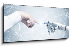 Skleněný obraz 1D panorama - 120 x 50 cm F_AB201581385 - Human and robot hands reaching out, network - Lidské a robotické ruce natahující ruku, síť