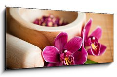 Obraz   Composition zen  fleurs orchide et mortier bois, 120 x 50 cm