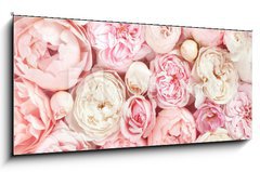 Obraz 1D panorama - 120 x 50 cm F_AB215246503 - Summer blossoming delicate rose on blooming flowers festive background, pastel and soft bouquet floral card - Letn kvetouc jemn re na kvetouc kvtiny slavnostn pozad, pastelov a mkk kytice kvtinov karty