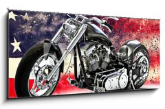 Obraz 1D panorama - 120 x 50 cm F_AB218075283 - Custom black motorcycle with American flag background with dispersion effects. Made in America concept. 3d rendering
