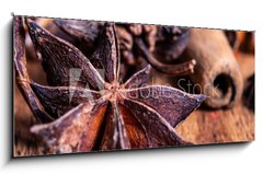Obraz 1D panorama - 120 x 50 cm F_AB222904649 - close up of star anise on wooden plank, slective focus - zblzka badynu na devn prkno, slective zamen