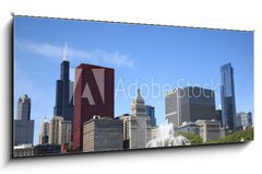 Obraz 1D panorama - 120 x 50 cm F_AB22647001 - Chicago Skyline and Fountain - Chicago Skyline a fontna