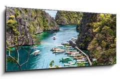 Skleněný obraz 1D panorama - 120 x 50 cm F_AB228590667 - Boats near the shore, Busuanga, Coron, Philippines. With selective focus. - Lodě poblíž pobřeží, Busuanga, Coron, Filipíny. Se selektivním ostřením.