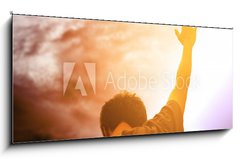 Sklenn obraz 1D panorama - 120 x 50 cm F_AB231176731 - Human hands open palm up worship. Eucharist Therapy Bless God Helping Repent Catholic Easter Lent Mind Pray. Christian Religion concept background. fighting and victory for god