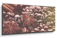 Obraz 1D panorama - 120 x 50 cm F_AB232714184 - Aromatic roasted coffee beans and anis or badian, sticks of natural cinnamon on  background close up - Aromatick praen kvov zrna a anzu nebo badiana, tyinky prodn skoice na pozad zblzka