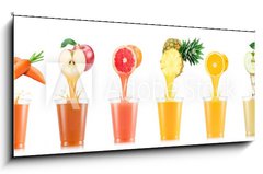 Sklenn obraz 1D - 120 x 50 cm F_AB234500457 - Six tastes of juice pouring in plastic cup from fruit isolated on white background - est chut vy v plastovm kelmku z ovoce izolovanch na blm pozad