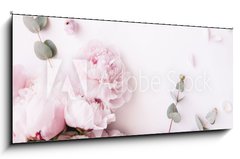 Sklenn obraz 1D panorama - 120 x 50 cm F_AB235909172 - Beautiful, tender fresh blossoming aromatic pink Peony flowers and eucalyptus branches on the white background, top view, flat lay