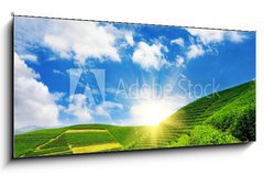 Obraz 1D panorama - 120 x 50 cm F_AB23924390 - Beautiful pattern of bright, green tea garden on the hill
