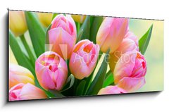Skleněný obraz 1D panorama - 120 x 50 cm F_AB241402098 - Spring flowers. Living coral tulip bouquet on the bokeh background. - Jarní květiny. Živá korálová kytice tulipánů na pozadí bokeh.