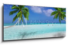 Obraz   Traumstrand in den Tropen mit trkisem Meer, Kokosnusspalmen und feinem Sand, 120 x 50 cm