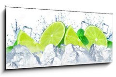 Skleněný obraz 1D panorama - 120 x 50 cm F_AB252285331 - lime water splash and ice cubes isolated on the white - stříkající voda z vápna a kostky ledu izolované na bílém