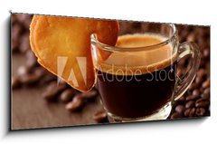 Obraz 1D panorama - 120 x 50 cm F_AB25317575 - Espresso coffee with cake on brown background