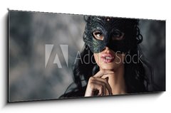 Obraz 1D panorama - 120 x 50 cm F_AB254214025 - portrait of sexy beautiful woman in lace black erotic lingerie and carnival mask on dark background