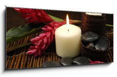 Obraz 1D panorama - 120 x 50 cm F_AB25459715 - spa and wellness concept with flowers zen stones - lzesk a wellness koncept s kvty zen kameny