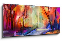 Sklenn obraz 1D panorama - 120 x 50 cm F_AB257481491 - Oil painting colorful autumn trees. Semi abstract image of forest, landscapes with yellow - Olejomalba barevn podzimn stromy. Semi abstraktn obraz lesa, krajiny se lutou