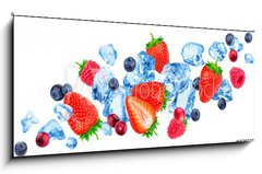 Skleněný obraz 1D panorama - 120 x 50 cm F_AB260822852 - Flying pieces of crushed ice and wild berries isolated on white background with clipping path - Létající kousky drceného ledu a lesních plodů izolovaných na bílém pozadí s ořezovou cestou