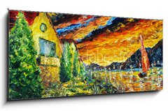 Sklenn obraz 1D panorama - 120 x 50 cm F_AB277362459 - Impressionism oil painting landscape paint art Red sea ship, scarlet sails, sunset over mountains, yellow - Impresionismus olejomalba krajinomalba umn Rud nmon lo, arlatov plachty, zpad slunce nad horami, lut