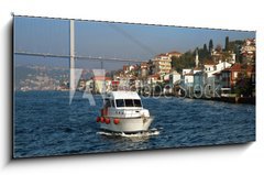 Sklenn obraz 1D panorama - 120 x 50 cm F_AB27806686 - Boat, Bridge over Bosporus and Houses at the coast in Istanbul