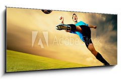 Skleněný obraz 1D panorama - 120 x 50 cm F_AB27867242 - Happiness football player on field of olimpic stadium on sunrise - Happiness fotbalista na poli olympijského stadionu na východ slunce