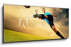 Sklenn obraz 1D panorama - 120 x 50 cm F_AB27867242 - Happiness football player on field of olimpic stadium on sunrise - Happiness fotbalista na poli olympijskho stadionu na vchod slunce