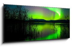 Obraz 1D panorama - 120 x 50 cm F_AB27905424 - Northern lights mirrored on lake