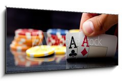 Skleněný obraz 1D panorama - 120 x 50 cm F_AB27973739 - Male hand showing two aces - Mužská ruka s dvěma esy