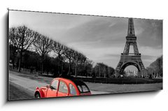 Sklenn obraz 1D panorama - 120 x 50 cm F_AB28112143 - Tour Eiffel et voiture rouge- Paris - Prohldka Eiffel et voiture rouge