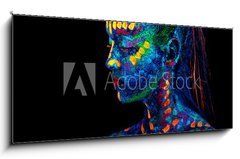 Skleněný obraz 1D panorama - 120 x 50 cm F_AB294351588 - UV body art painting of helloween female african warrior - UV body art malování helloweenské ženy afrického válečníka