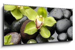 Obraz 1D panorama - 120 x 50 cm F_AB30029365 - therapy stones and orchid flower with water drops