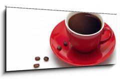 Obraz   Red coffee cup and grain on white background, 120 x 50 cm