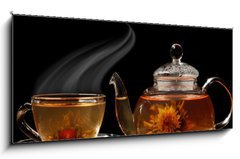 Obraz   Glass teapot and a cup of green tea on a black background, 120 x 50 cm