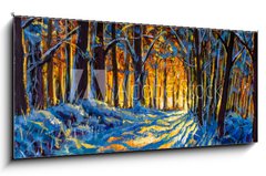 Obraz 1D panorama - 120 x 50 cm F_AB306486660 - Oil painting with acrylic watercolor. Winter forest. Sunny winter forest wood landscape illustration artwork nature.