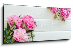 Obraz 1D panorama - 120 x 50 cm F_AB313371368 - Pink peony flowers on white wooden table. womans day or wedding background. Top view.