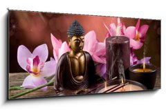 Skleněný obraz 1D panorama - 120 x 50 cm F_AB31973286 - buddah witn candle and incense - Buddah se svíčkou a kadím