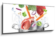 Obraz 1D panorama - 120 x 50 cm F_AB320560675 - Many different ingredients falling into pot on white background. Delicious recipe