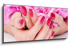 Sklenn obraz 1D panorama - 120 x 50 cm F_AB32839769 - Woman cupped hands with manicure holding a pink flower