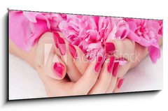 Obraz 1D panorama - 120 x 50 cm F_AB32966573 - Woman cupped hands with pink manicure holding a flower