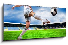 Sklenn obraz 1D panorama - 120 x 50 cm F_AB33670525 - Happiness football player after goal on the field of stadium wit - Happiness fotbalista po glu na poli stadionu vtip