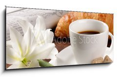 Obraz 1D panorama - 120 x 50 cm F_AB33687972 - Breakfast with newspaper, croissant and coffee