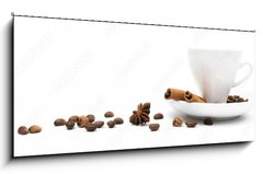 Skleněný obraz 1D panorama - 120 x 50 cm F_AB33709348 - cup of coffee and cinnamon bark - šálek kávy a skořicové kůry