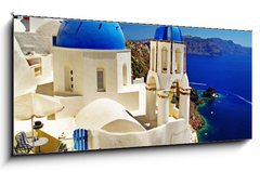 Sklenn obraz 1D panorama - 120 x 50 cm F_AB34845316 - beautiful Santorini view of caldera with churches - krsn Santorini pohled na kalderu s kostely