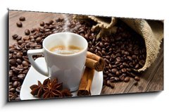 Sklenn obraz 1D panorama - 120 x 50 cm F_AB35054007 - Coffee cup with burlap sack of roasted beans on rustic table - Kvov lek s pytlovm pytlem praench fazol na rustiklnm stole