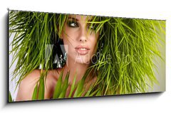 Sklenn obraz 1D panorama - 120 x 50 cm F_AB35695841 - Young  woman and abstract green hair - Mlad ena a abstraktn zelen vlasy